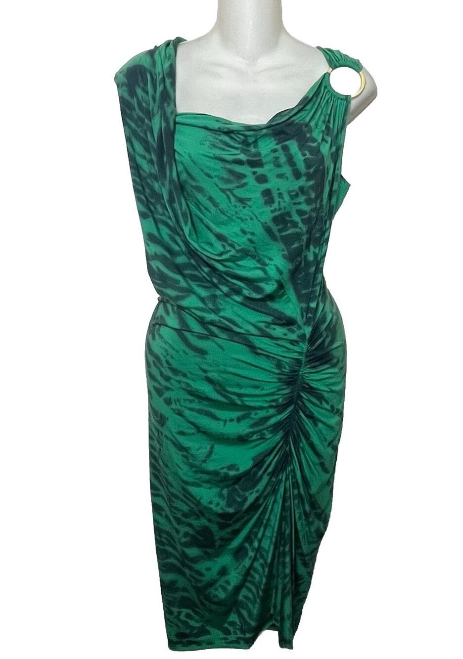 Michelle Jonas Green Tie Dye Ombre Gold Ring Ruched Dress Sz Small Resort Travel
